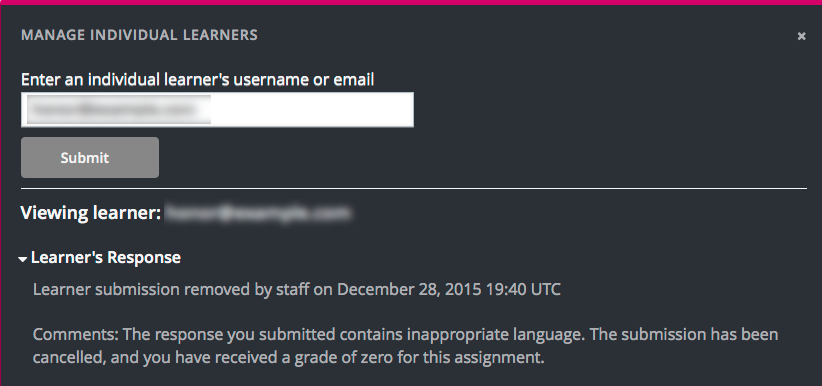 In "Manage Individual Learners", the date, time and comment for removal of a learner response is shown instead of the original response.